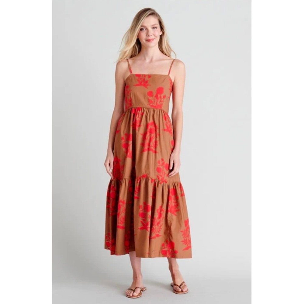 Pink Chicken New York Brown Red‎ Floral Tiered Midi Dress Smocked Back Small